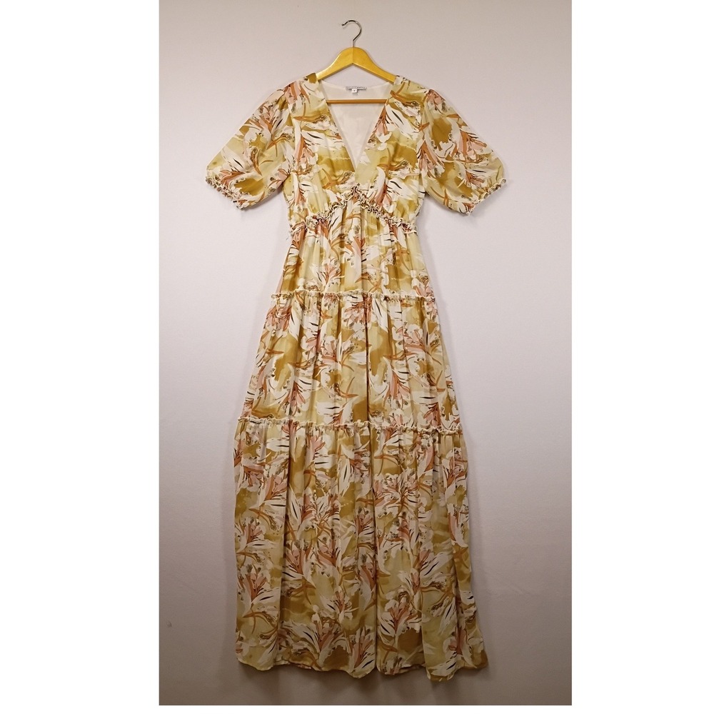 Boho Floral Baltic Born Womens Small Tan Tiered Ruffle V-Neck Maxi Dress